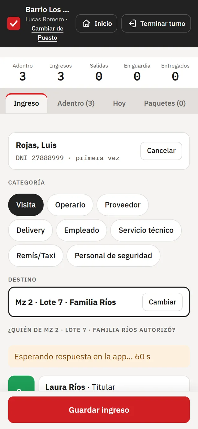 La guardia espera la respuesta del propietario en la app
