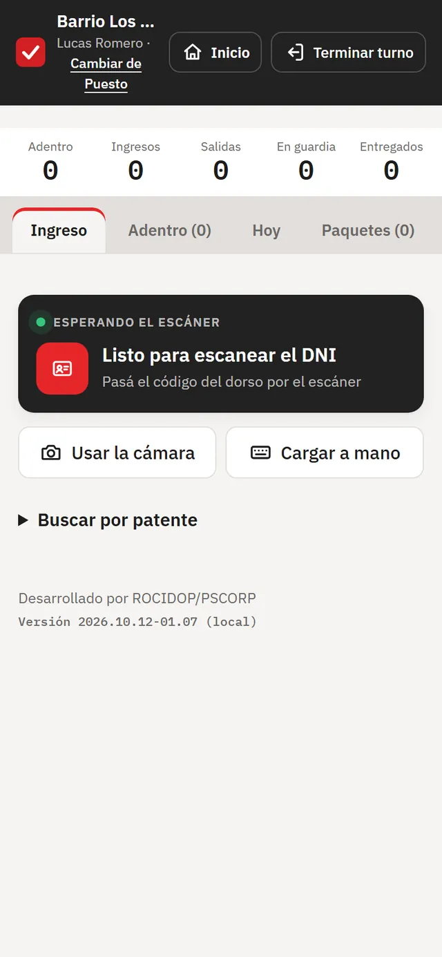 Pantalla de la guardia lista para escanear, con los contadores del día