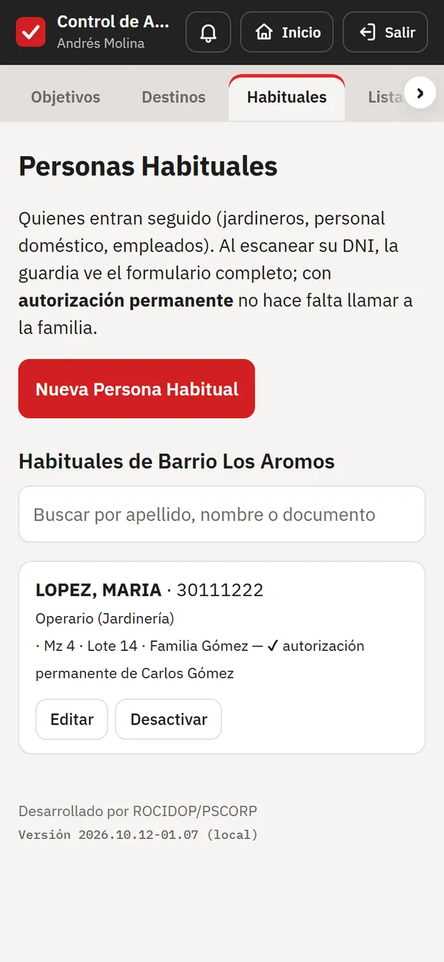 Lista de Personas Habituales del barrio