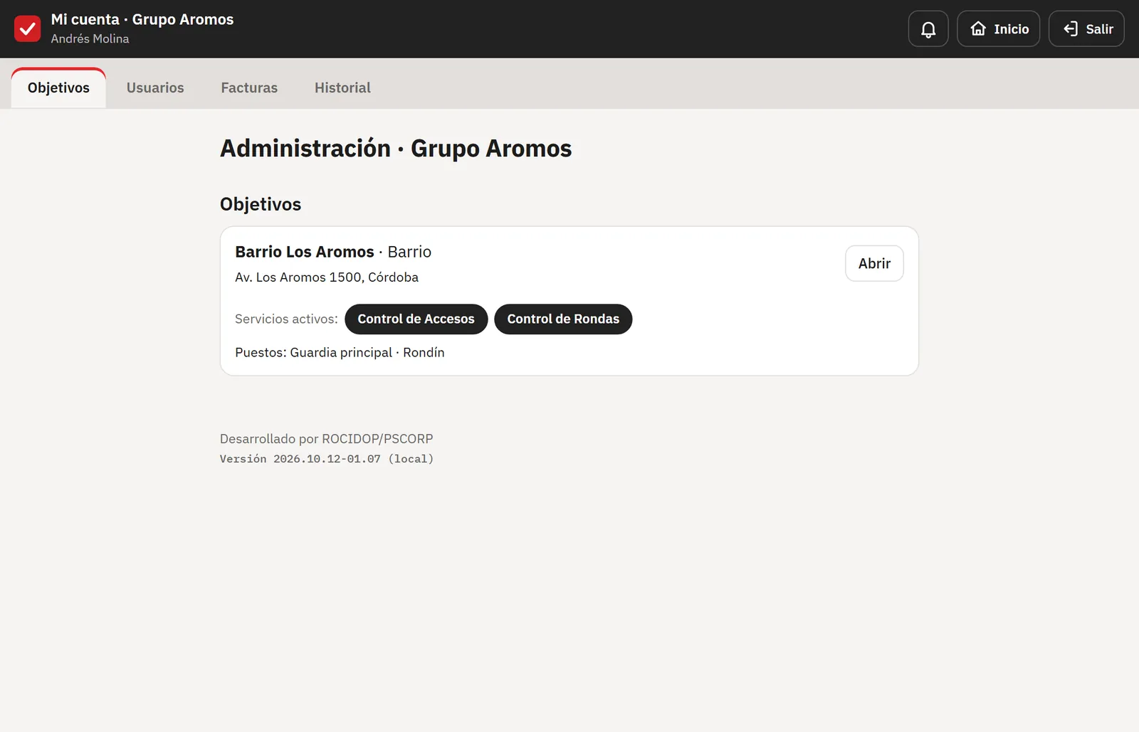 Lista de lugares de un cliente con sus servicios activos, en la computadora