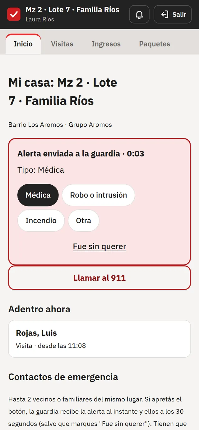 App del propietario: alerta enviada a la guardia