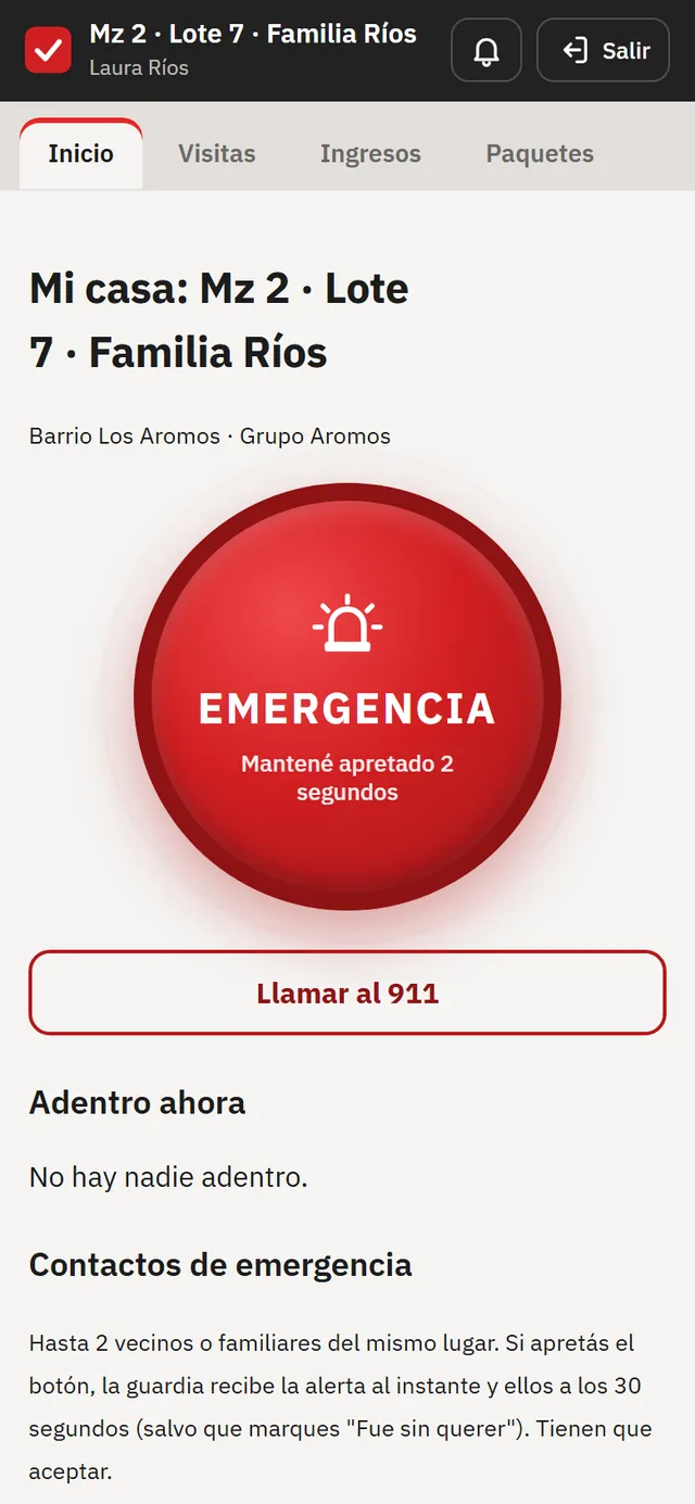 App del propietario con el botón de emergencia