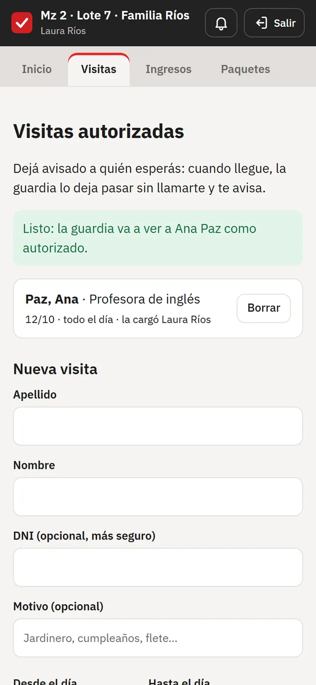 Visitas autorizadas de antemano en la app del propietario