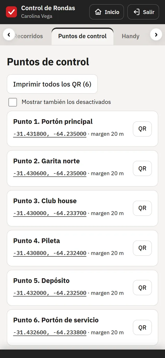 Puntos de control del lugar con sus coordenadas, margen y QR