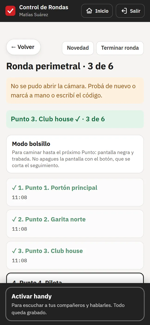 Ronda en curso en el celular del vigilador: tres de seis puntos marcados