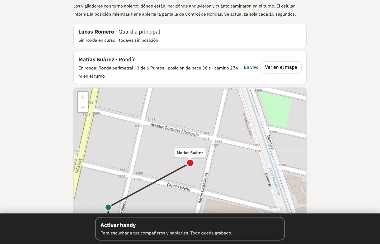 Seguimiento en la computadora: el vigilador en el mapa con su ronda en curso