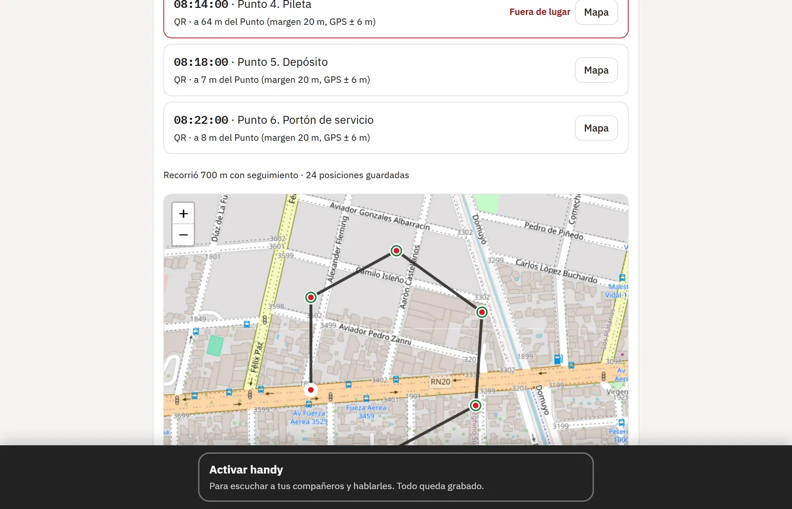 Detalle de una ronda: las marcas con hora y distancia, y el trayecto en el mapa