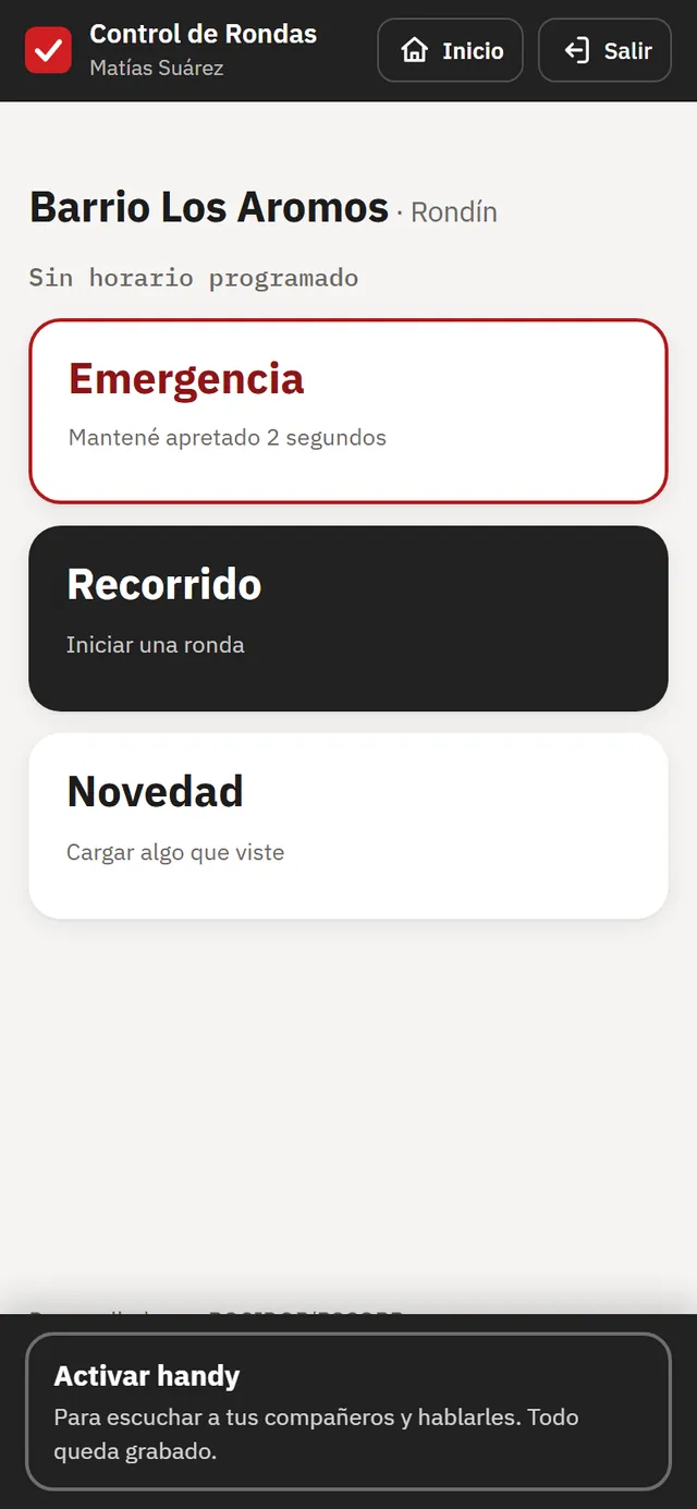 Pantalla del vigilador con los botones Emergencia, Recorrido y Novedad